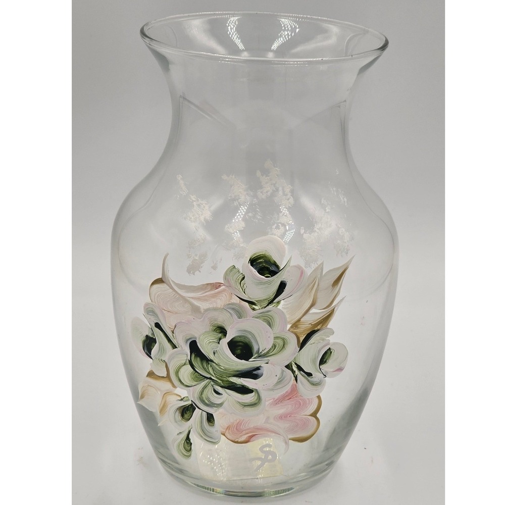 Vintage German Heye Glas Signed Artist Hand Painted Rose Ribbon Cottagecore Vase